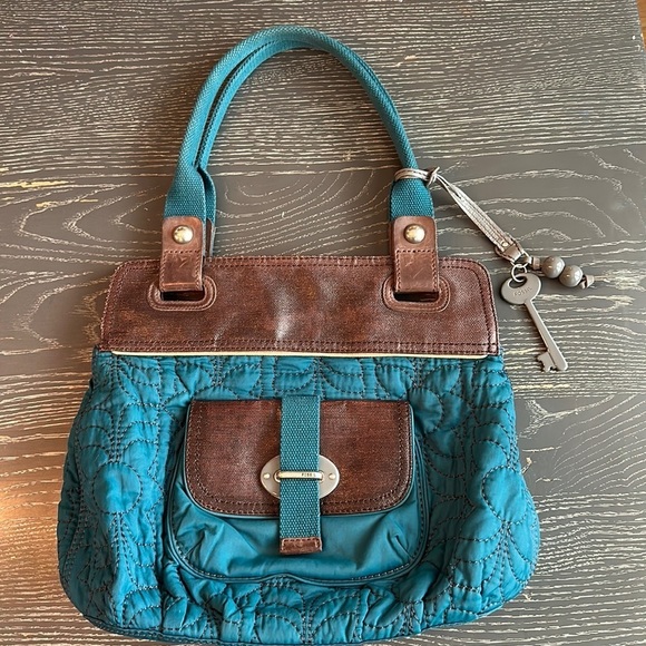 Fossil Handbags - Fossil Key-Per shoulder bag quilted purse, Green/Blue with dark brown trim